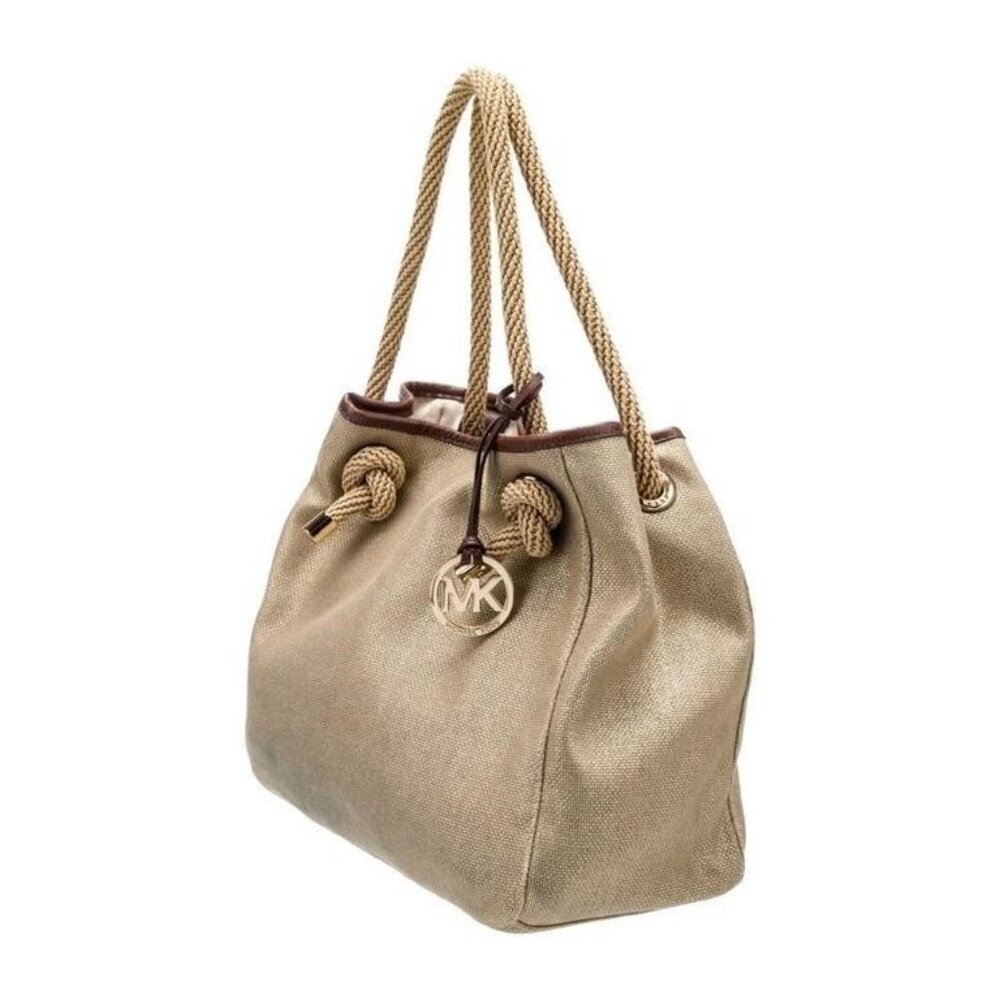 Michael Kors Gold Canvas Shoulder Bag – Leather Trim, Logo Lining